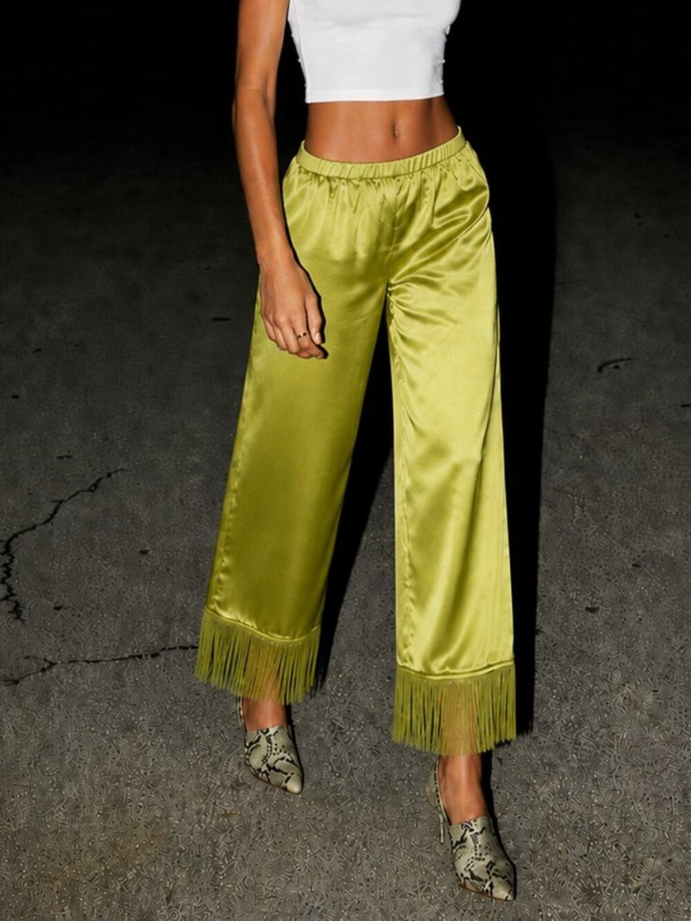 Green Party Women's Wide Leg Fringe Pants